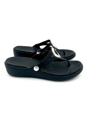Crocs Black Wedge Flip Flop Sandals Womens Size 9 Silver Buckle Comfort